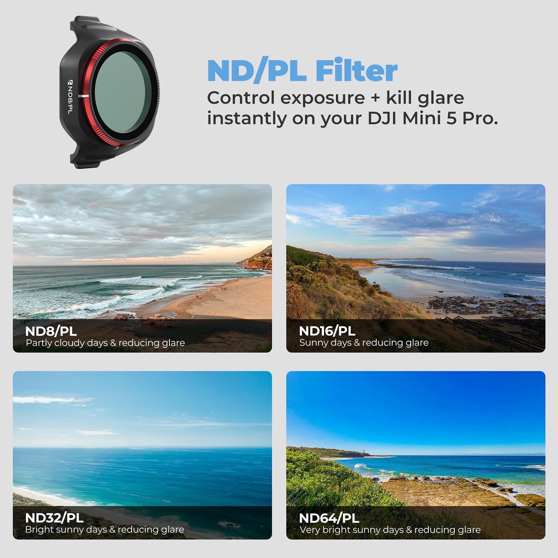 Freewell Bright Day 6-Pack ND/PL Filters for DJI Mini 5 Pro – ND8/PL, ND16/PL, ND32/PL, ND64/PL, ND128/PL & ND256/PL – Polarized Filters for Exposure Control & Glare Reduction - Image 3