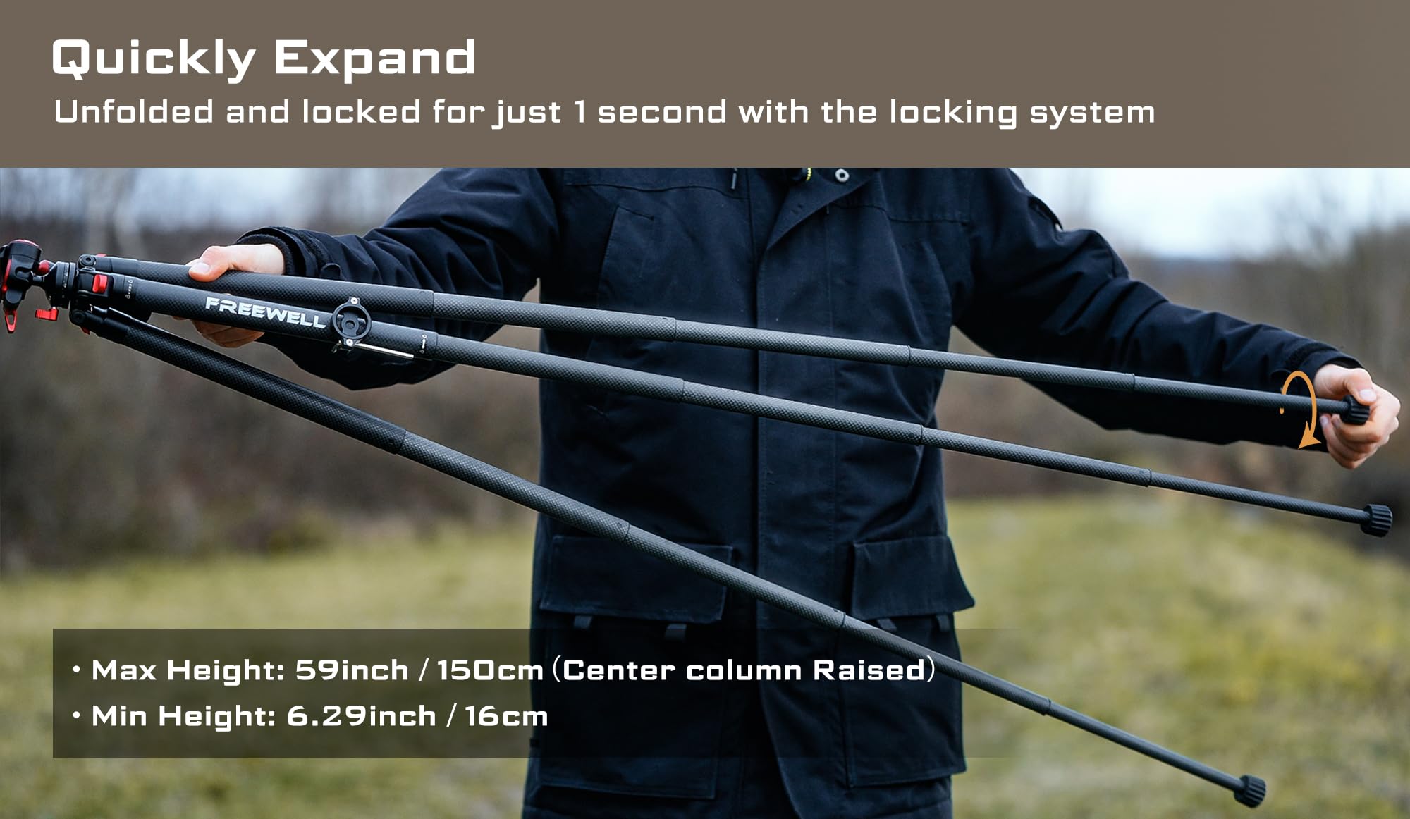 Freewell Carbon Fiber Travel Tripod 59.1" Lightweight 1.98lbs Photo/Video 360°Ball Head (Max Load 5kg/11 lbs), Monopod, Quick-Release Plate, for DSLR Cameras & Smartphones - Image 5