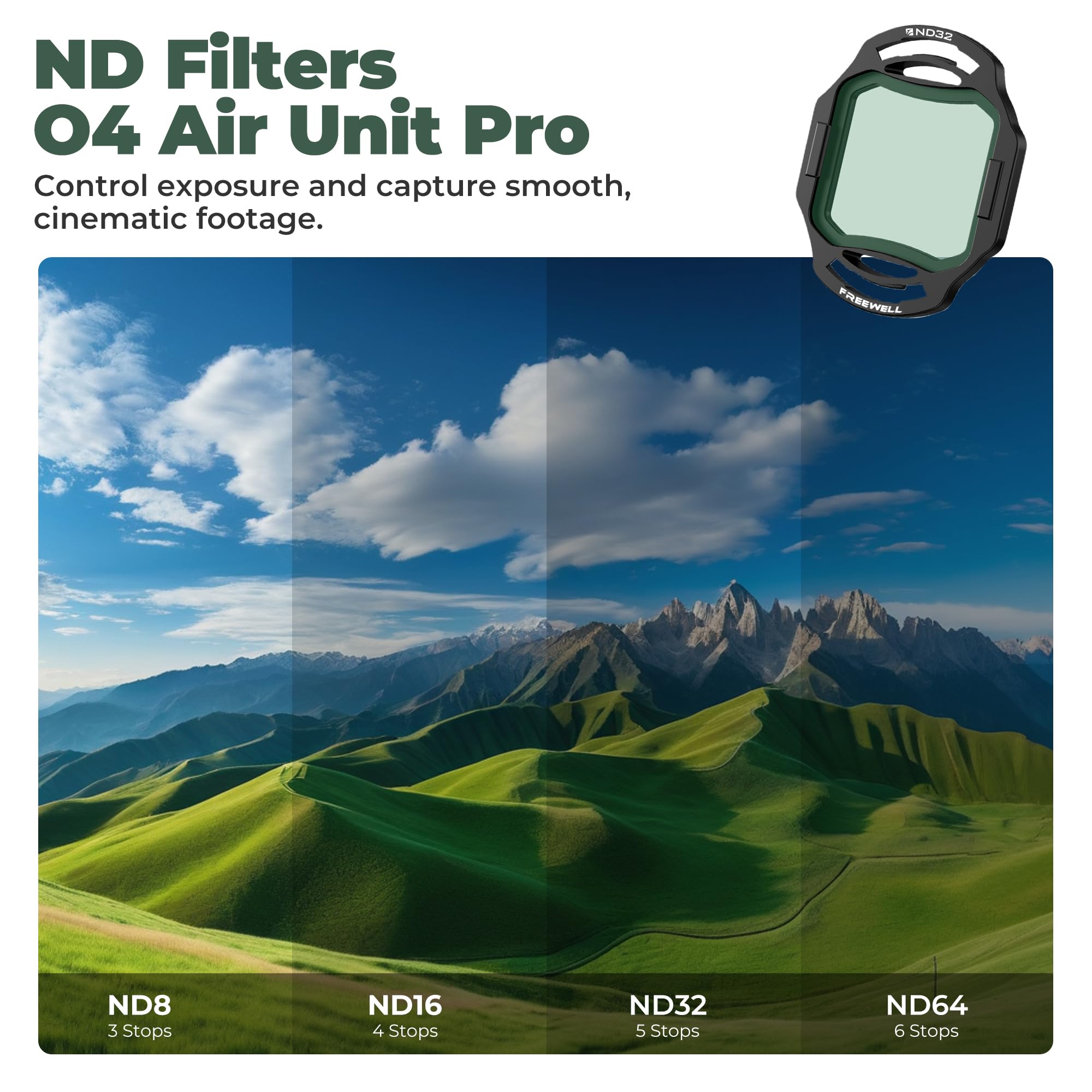 Freewell ND Filter 4-Pack for DJI O4 Air Unit Pro–ND8, ND16, ND32, ND64–Reduce Shutter Speed for Smooth, Cinematic Footage - Image 3