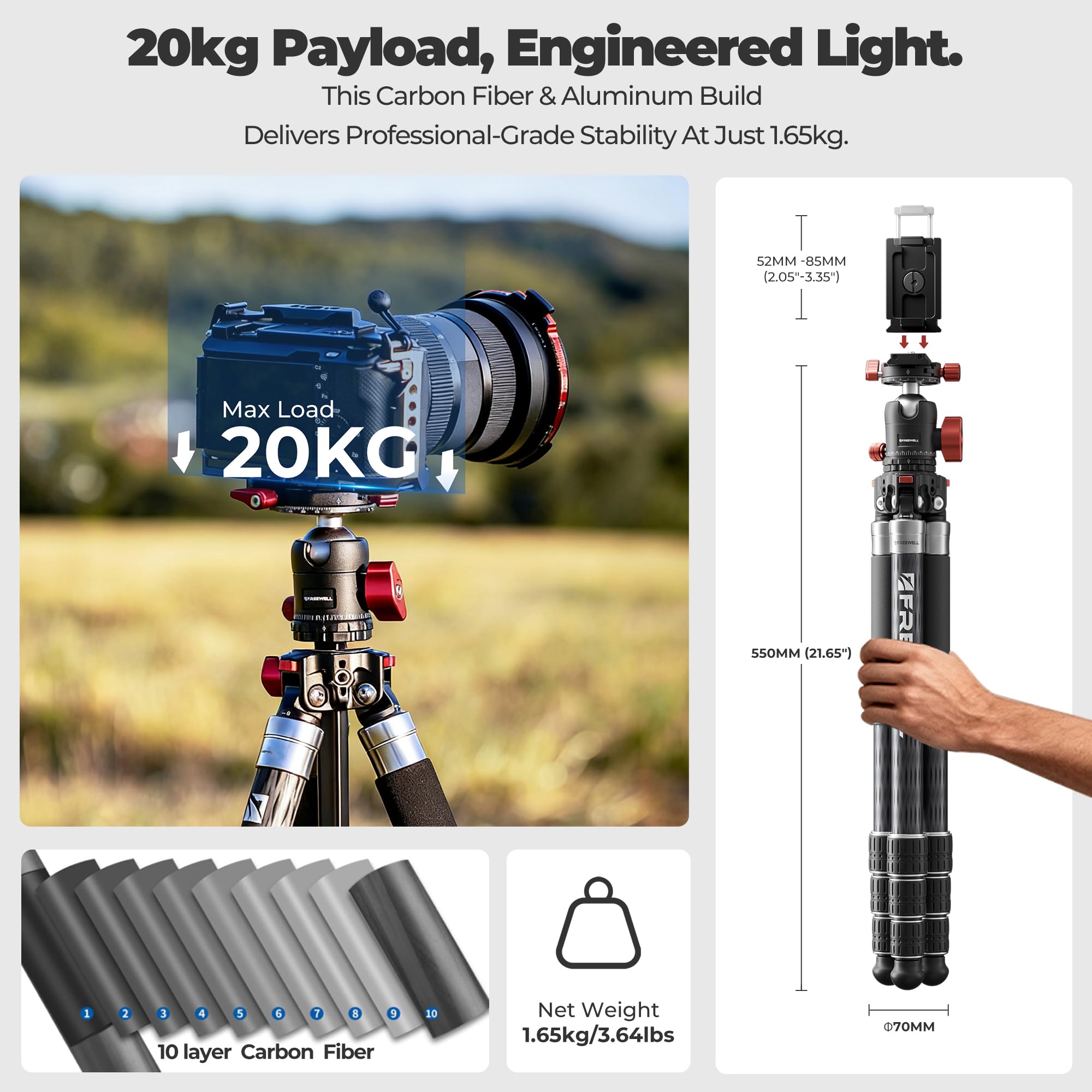 The Real Multi-Tripod 5-in-1- Carbon Fiber Design for Cameras & Smartphones, Tripod, Monopod, Trekking Pole, Desktop Mode – Up to 20kg Payload - Image 6